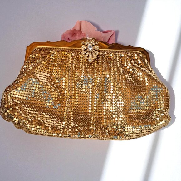 Whiting & Davis Gold Mesh Clutch Rhinestone Accent Vintage USA - Picture 10 of 13